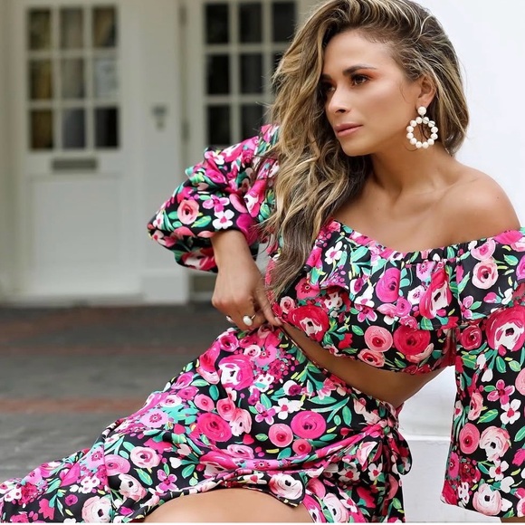 Privacy Please Other - Brasillian Doll Boutique Pink & Black Floral Off-Shoulder Crop Top and Skirt Set